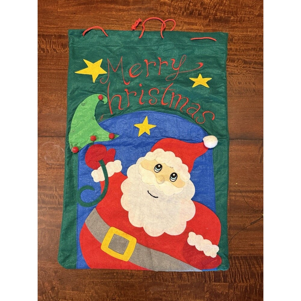 Vintage Felt Christmas Gift Bags Appliqué Drawstring 18 X 29